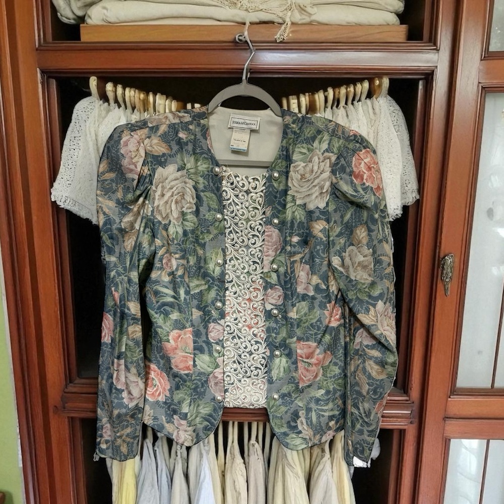 Vintage JESSICA MCCLINTOCK floral amd lace with pearls fitted blaser top size 10 - Picture 3 of 7